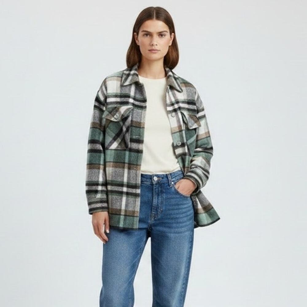 ZARA Oversized Plaid Flannel Shacket Jacket Womens XS Green Brown Check Tweed